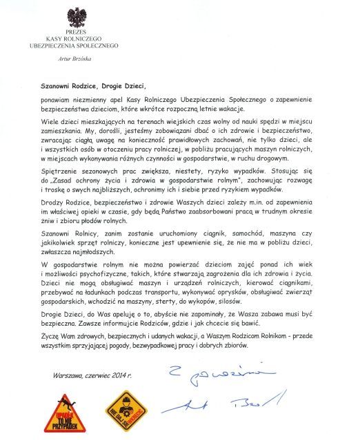 Apel Prezesa KRUS Artura Brzóski o bezpieczne wakacje